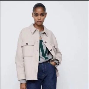 ZARA Oversized Jacket Beige‎ Button Front Long Sleeve Shacket Women XL